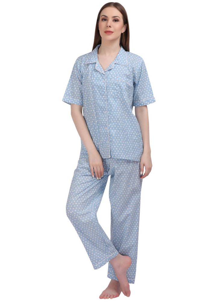The Birdbox Project Women's Floral Block Printed 100% Cotton Nightsuit Set Straight Fit Half Sleeves Night Suit Button Down Loungewear Pyjama Top Blue Polka-