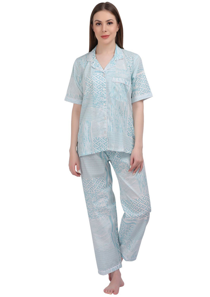 The Birdbox Project Women's Floral Block Printed 100% Cotton Nightsuit Set Straight Fit Half Sleeves Night Suit Button Down LoungeWear Pyjama Top Blue Patchwork-