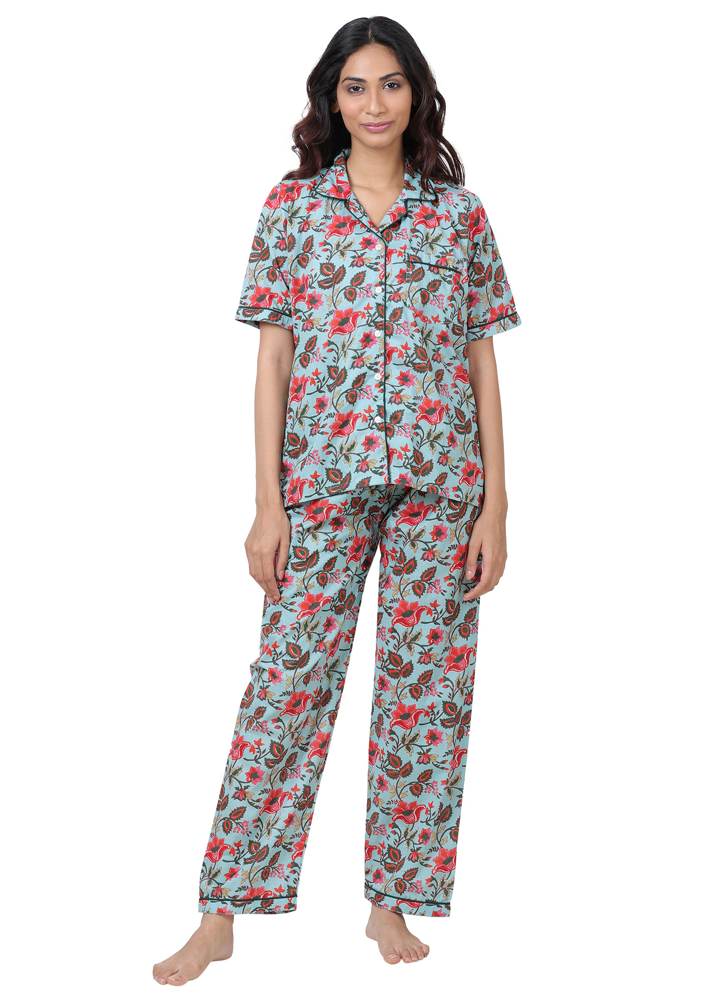 The Birdbox Project Women's Floral Block Printed 100% Cotton Nightsuit Set Straight Fit Half Sleeves Night Suit Button Down LoungeWear Pyjama Top Blue Vintage Floral