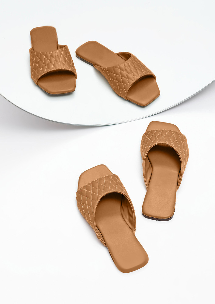 Caramel Brown Quilted Cruelty Free Leather Sliders