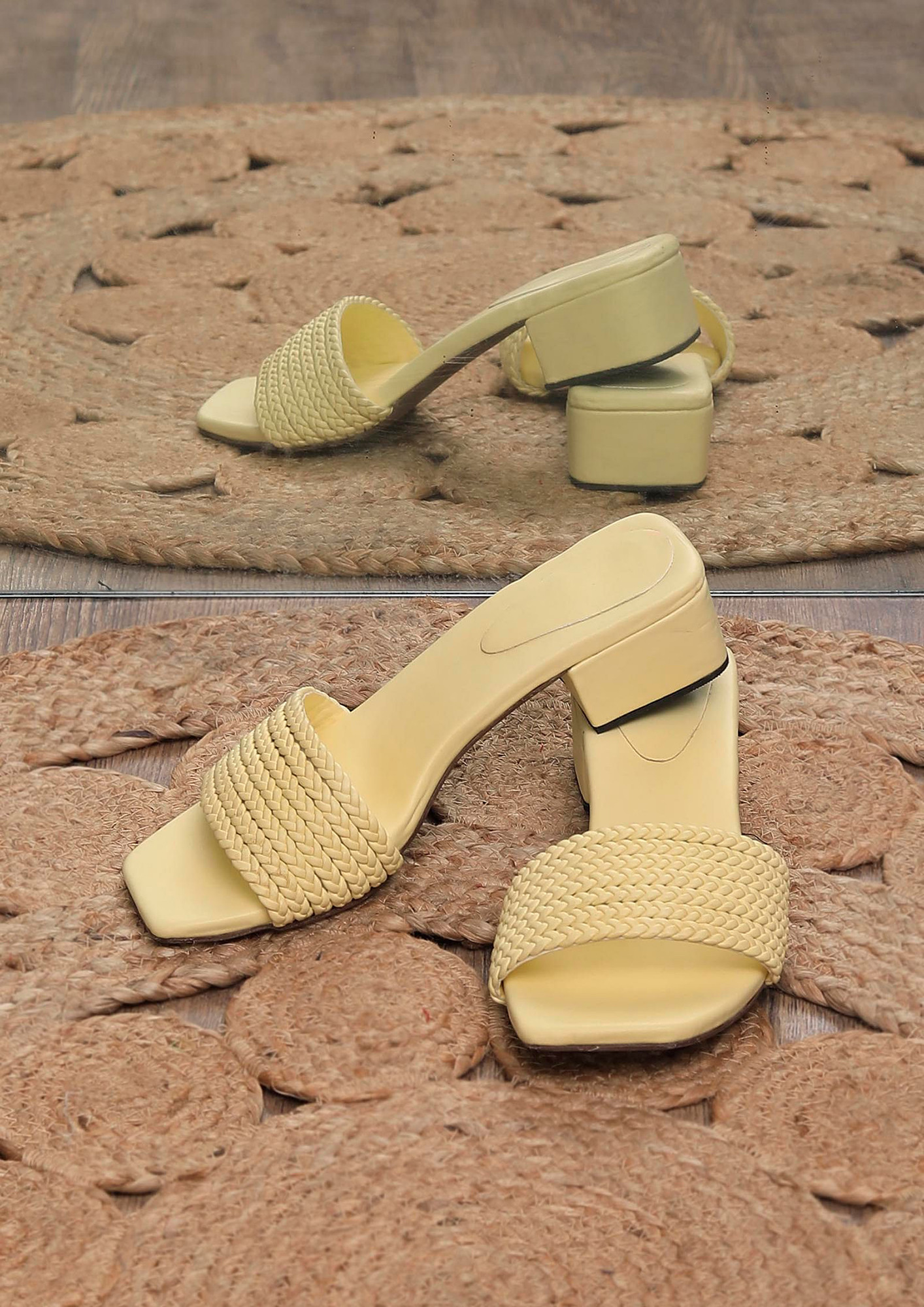 Buy Iconics Yellow Women Braided Design Heels online
