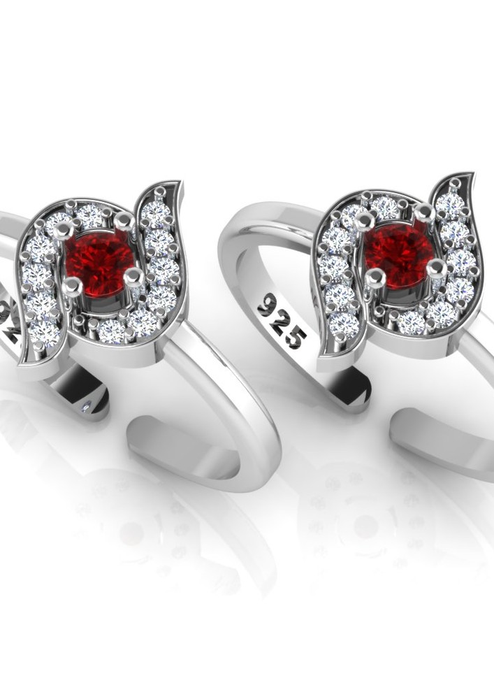 Flower Design Red Stone Silver Toe Ring