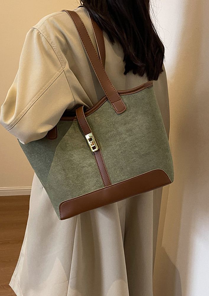 SOLID GREEN GEOMETRICAL SUEDE TOTE BAG