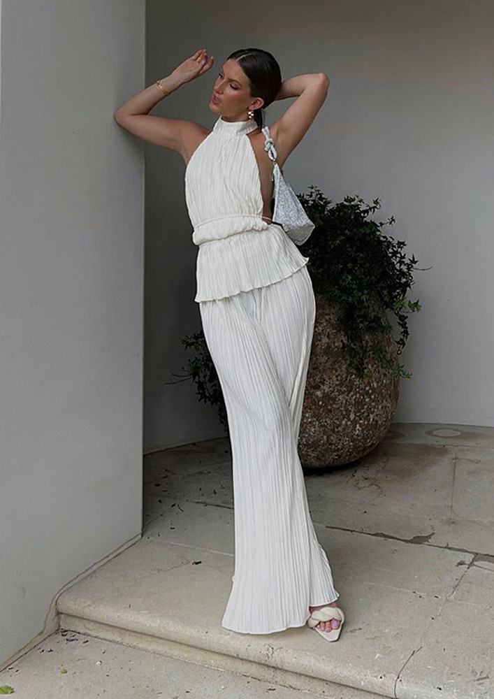White Plisse Effect Top & Long Skirt Set