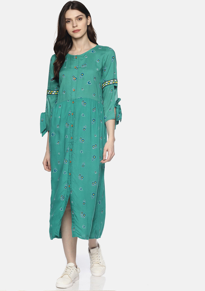 Mint Printed Dress With Embroidered Sleeves