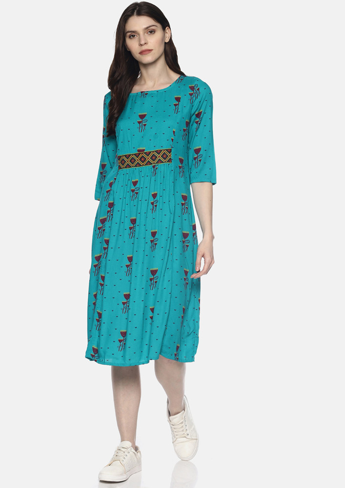 Turquoise Blue Printed Dress With Aztec Embroidery