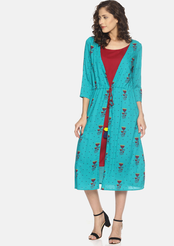 Turquoise Blue Printed Layered Dress