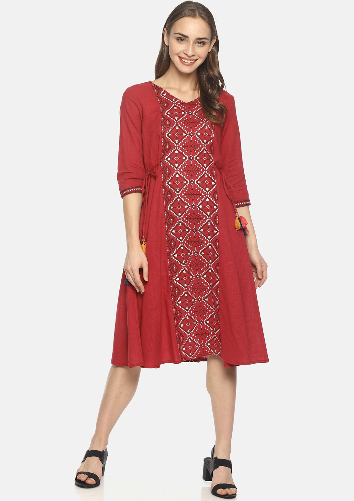 Red Printed A-line Dress With Waist Tie-up