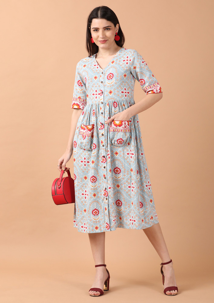 Light Blue Printed Shirt Dress With Patch Pockets