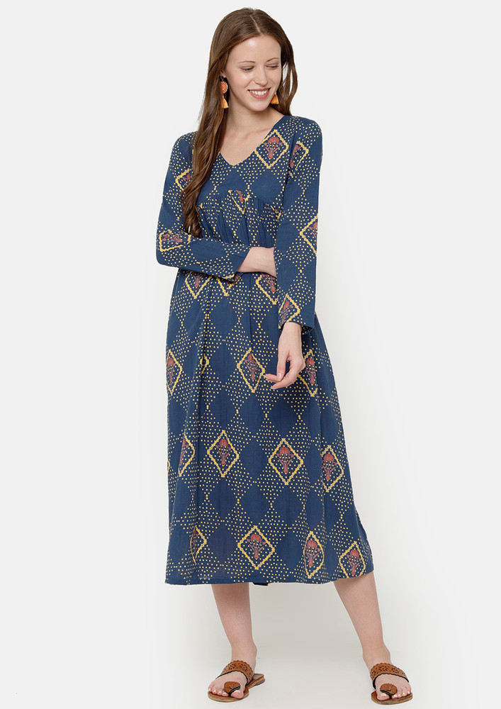 Blue Printed Maxi Dress With Back Tie Ups