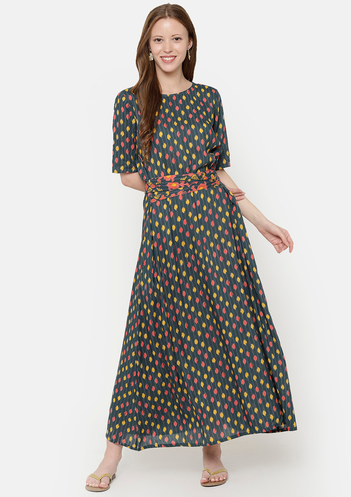 Printed Maxi Dress With Attached Fabric Belt