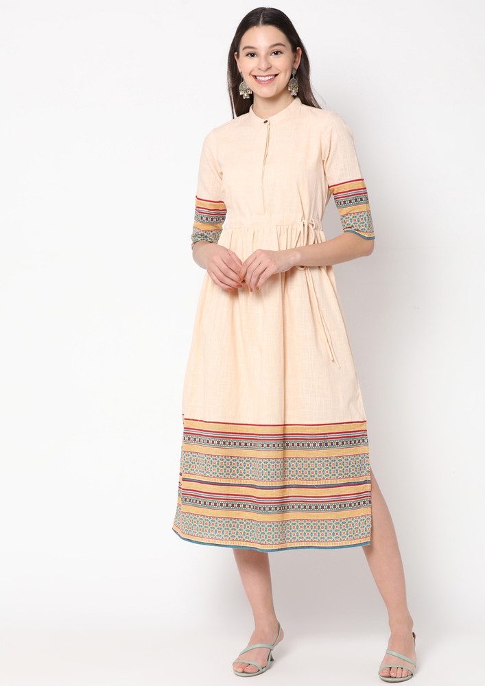 Off white solid dress with drawstrings