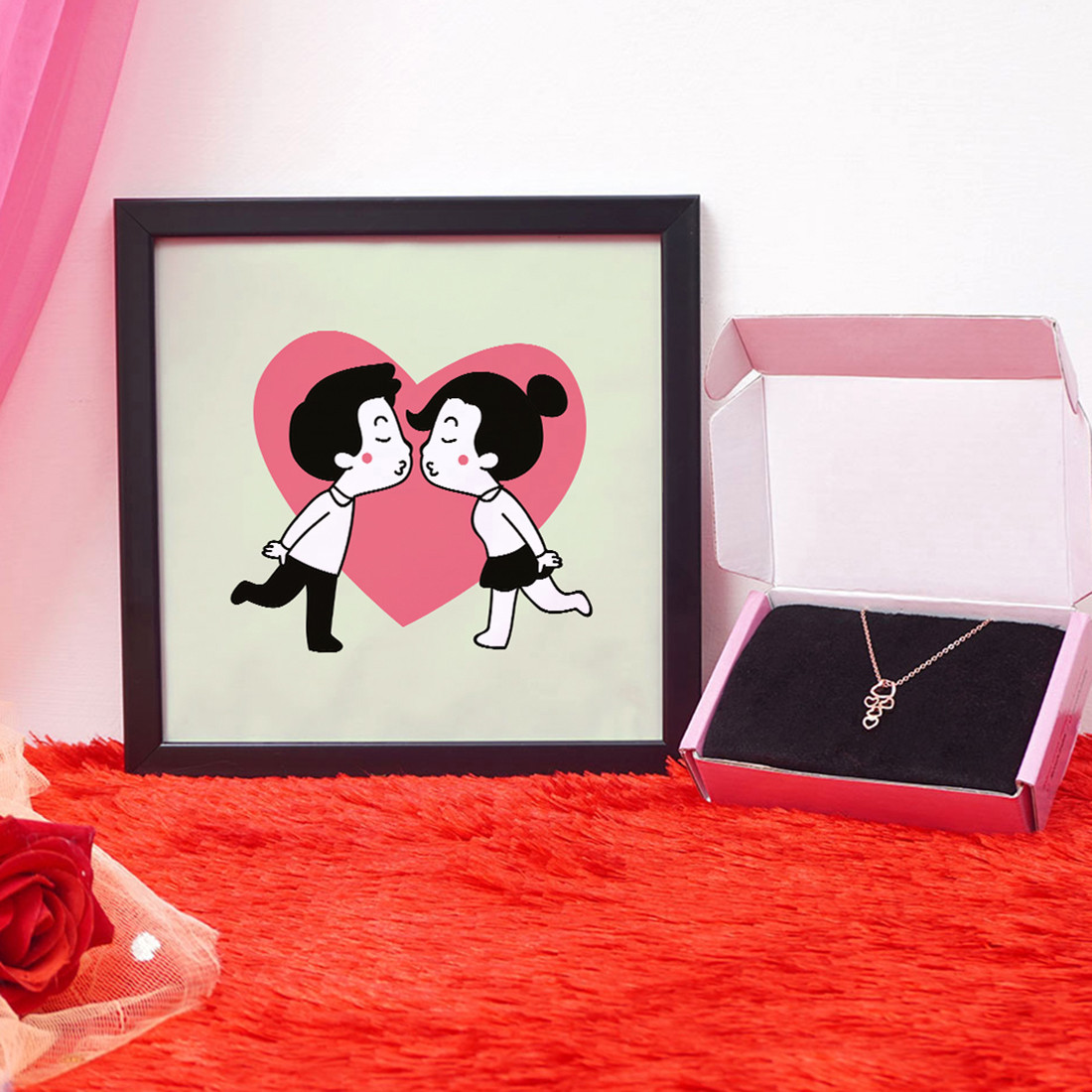 Heart Valentine Gift Set | Valentine's Day Gifts for Girlfriend | Valentine Gift for Wife | Pendant for Girl/Women | Photo Frame (8x8 Inches)