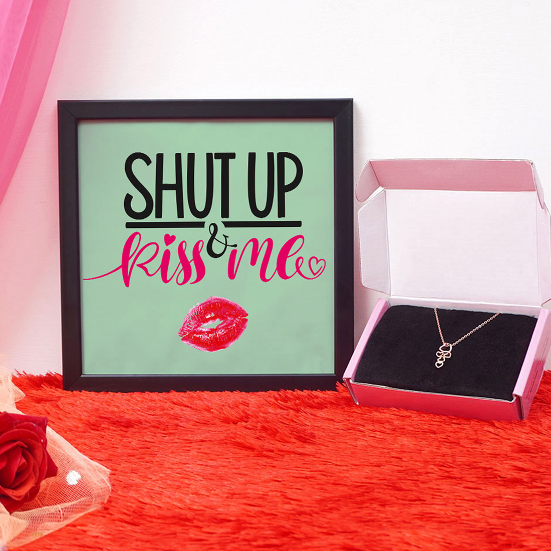 Shut Up & Kiss Me Valentine Gift Set | Valentine's Day Gifts for Girlfriend | Valentine Gift for Wife | Pendant for Girl/Women | Photo Frame (8x8 Inches)