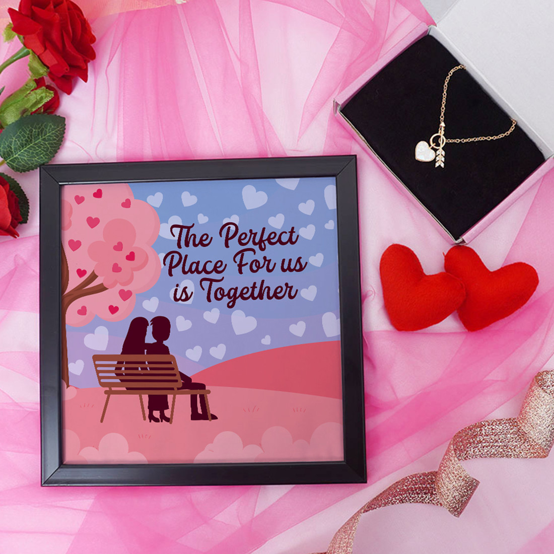 The Perfect Place for us is Together Valentine Gift Set | Valentine's Day Gifts for Girlfriend | Valentine Gift for Wife | Pendant for Girl/Women | Photo Frame (8x8 Inches)