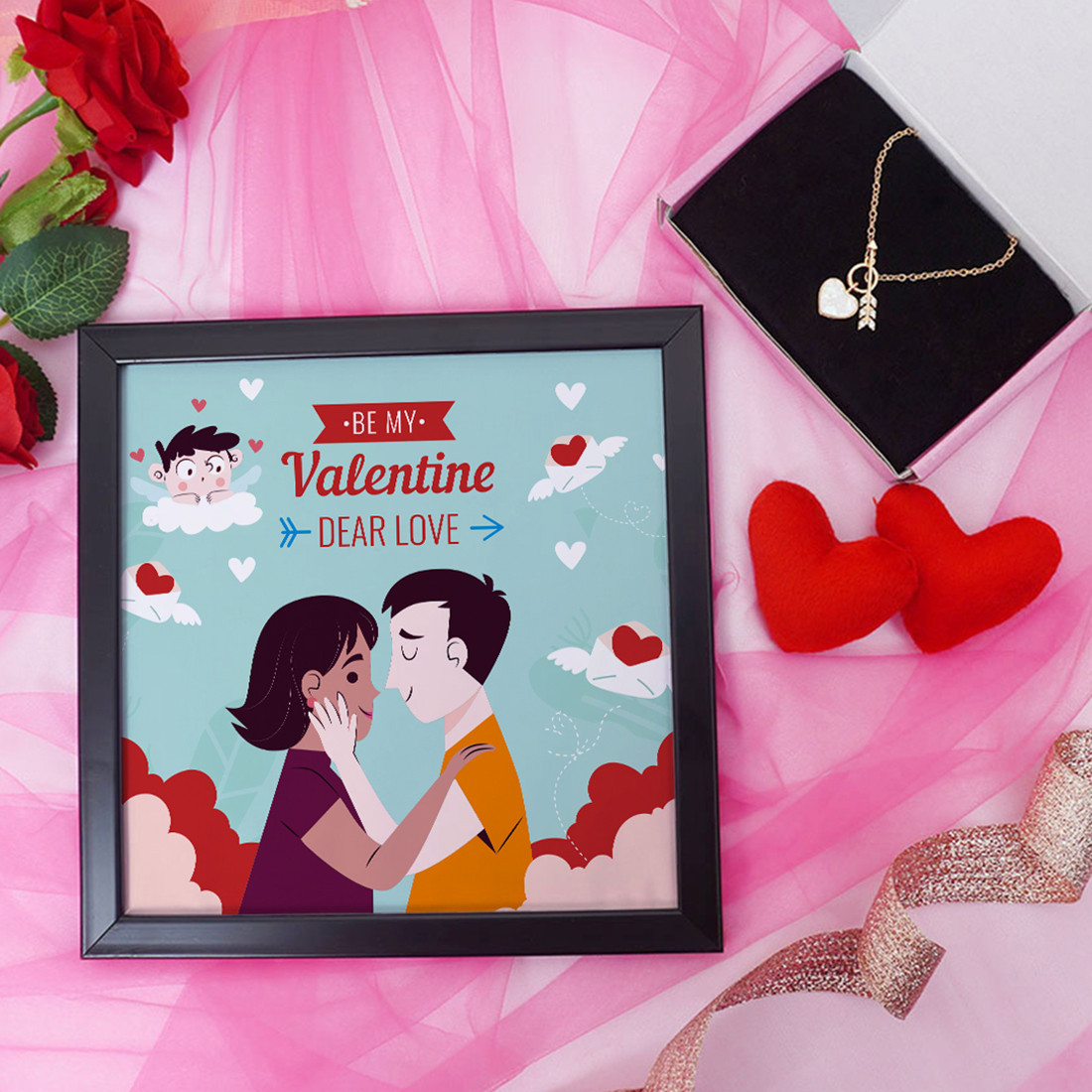 Be My Valentine Dear Love Valentine Gift Set | Valentine's Day Gifts for Girlfriend | Valentine Gift for Wife | Pendant for Girl/Women | Photo Frame (8x8 Inches)