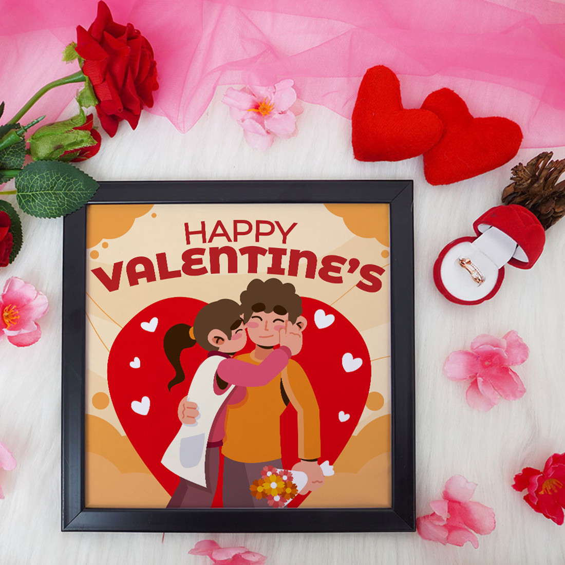 Happy Valentine's Valentine Gift Set | Valentine's Day Gifts for Girlfriend | Valentine Gift for Wife | Ring for Women/Girl | Photo Frame (8x8 Inches)