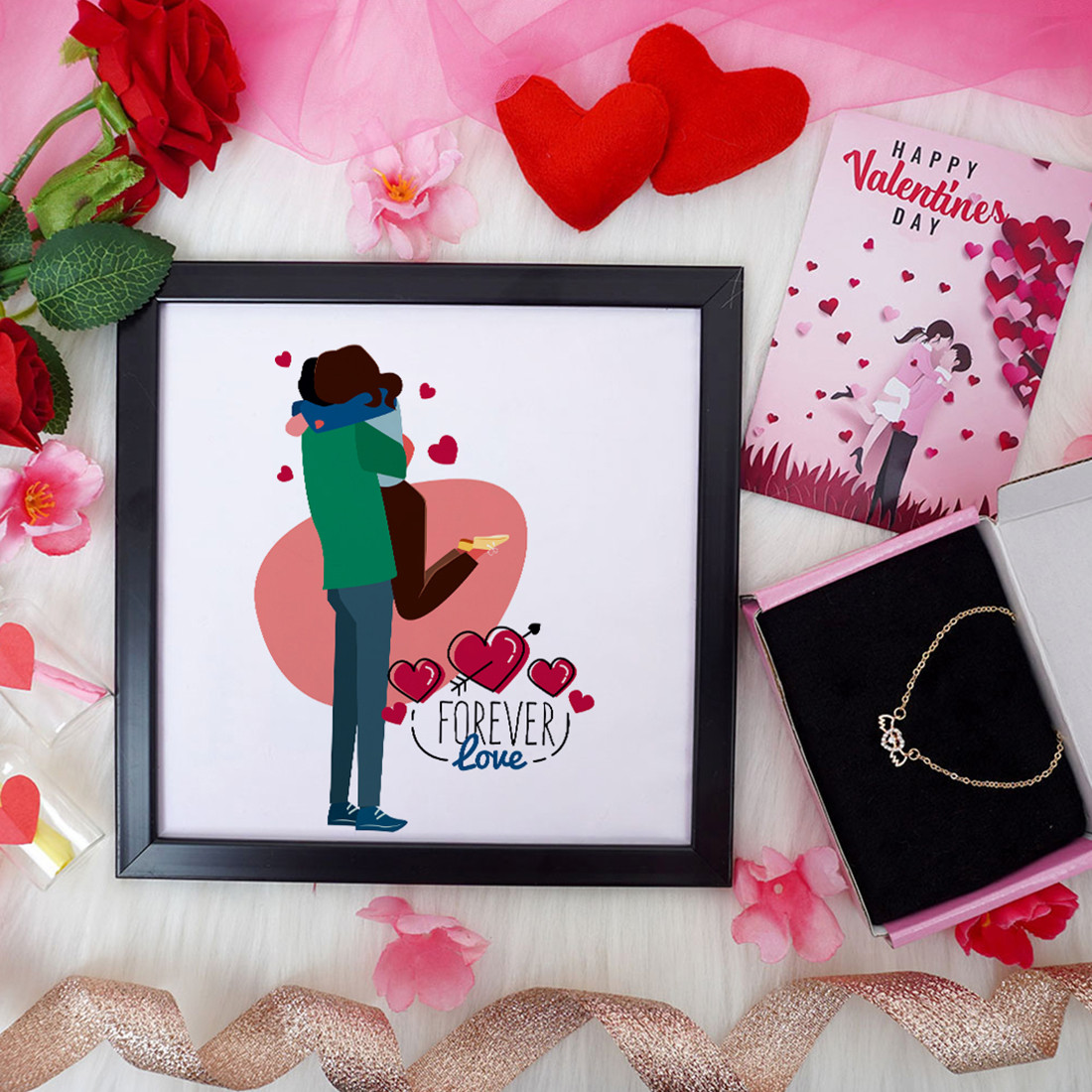 Forever Love Valentine Gift Set | Valentine's Day Gifts for Girlfriend | Valentine Gift for Wife | Women's Pendant/Pendant for Girl/Greeting Card | Photo Frame (8x8 Inches)