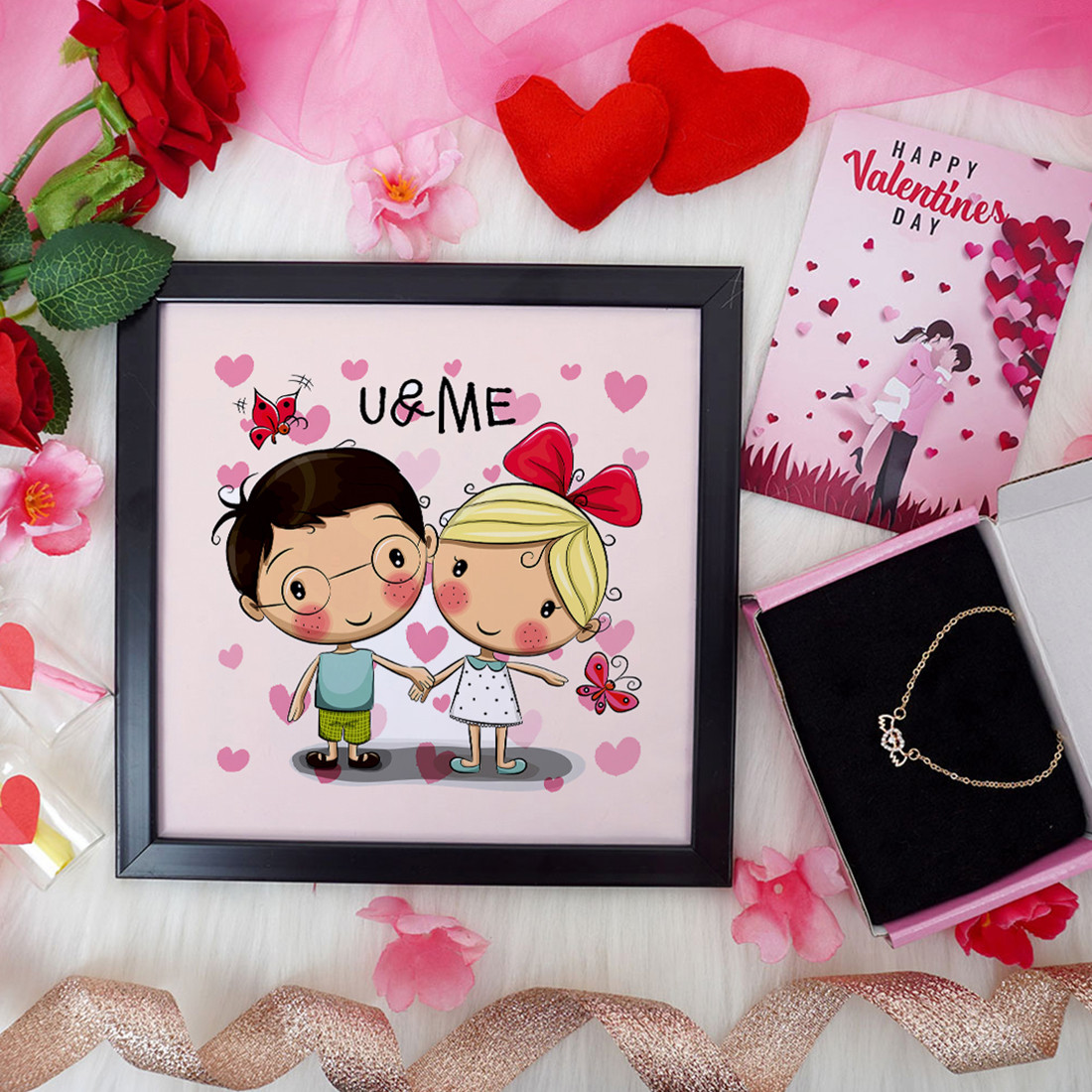 U & Me Valentine Gift Set | Valentine's Day Gifts for Girlfriend | Valentine Gift for Wife | Women's Pendant/Pendant for Girl/Greeting Card | Photo Frame (8x8 Inches)
