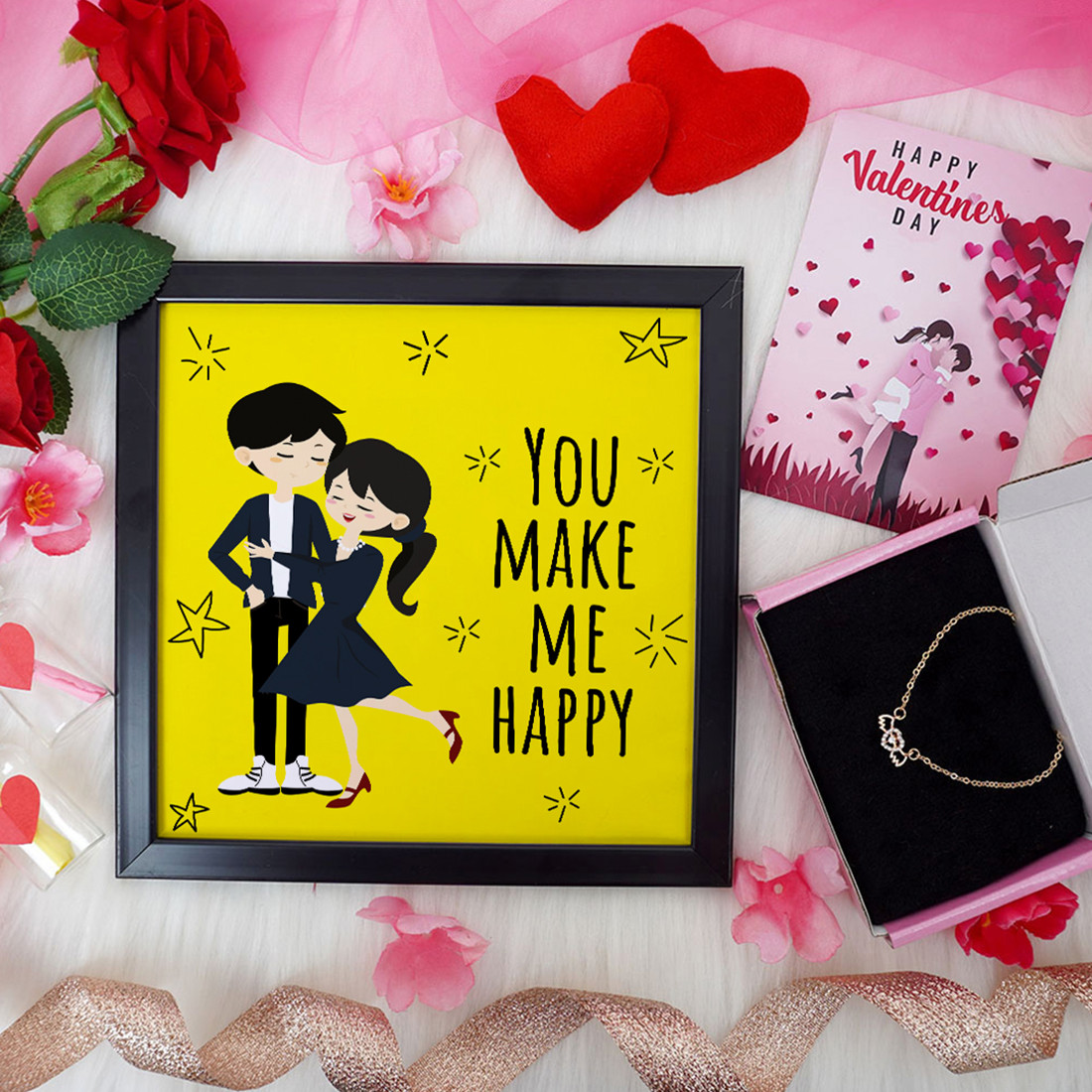 You Make Me Happy Valentine Gift Set | Valentine's Day Gifts for Girlfriend | Valentine Gift for Wife | Women's Pendant/Pendant for Girl/Greeting Card | Photo Frame (8x8 Inches)