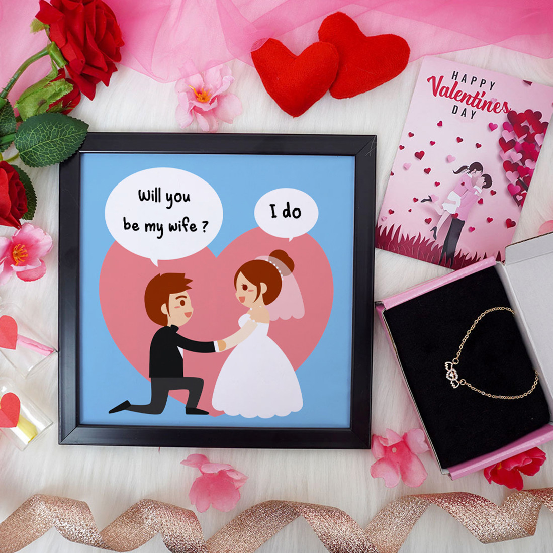Will You be My Wife ? Valentine Gift Set | Valentine's Day Gifts for Girlfriend | Valentine Gift for Wife | Women's Pendant/Pendant for Girl/Greeting Card | Photo Frame (8x8 Inches)