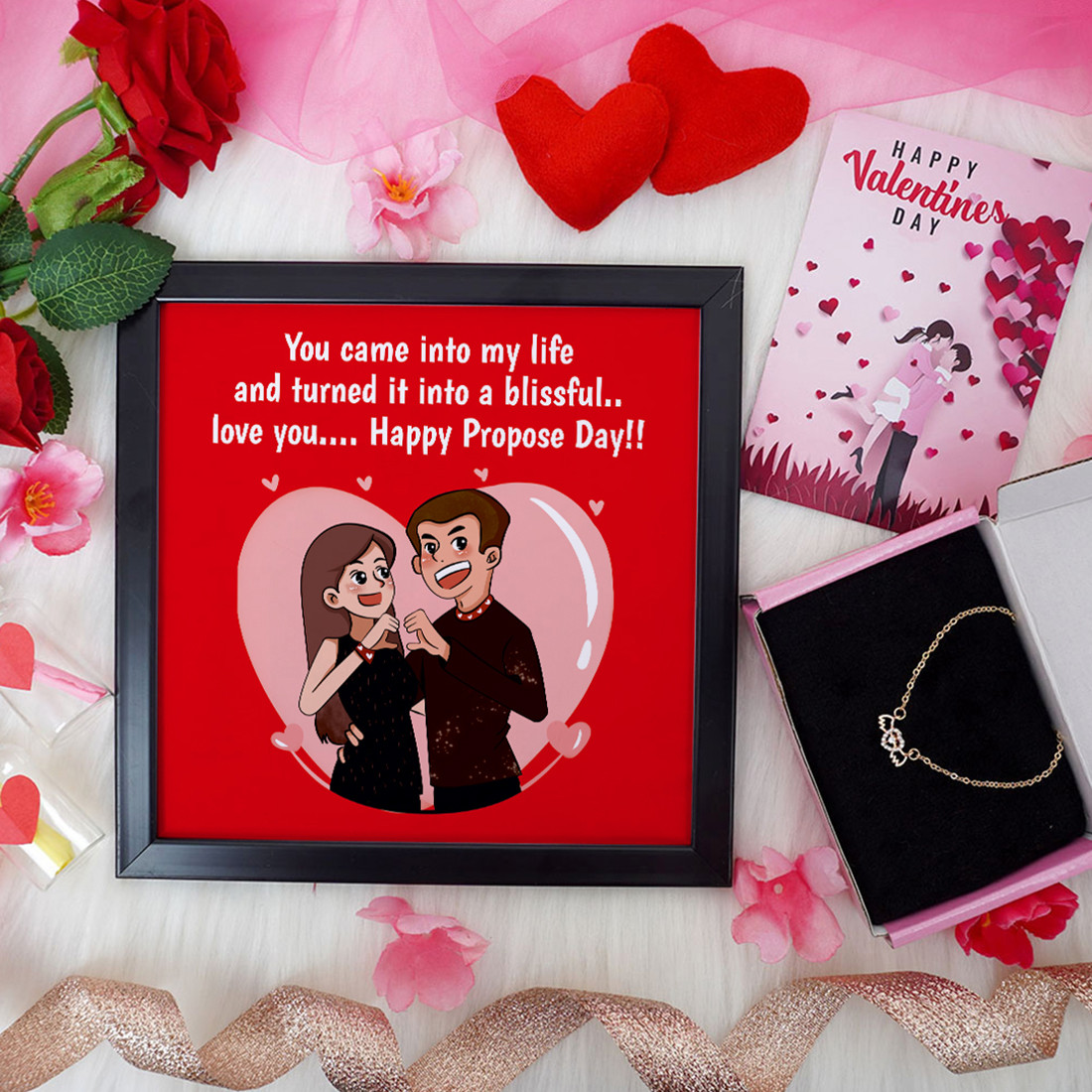 Happy Propose Day!! Valentine Gift Set | Valentine's Day Gifts for Girlfriend | Valentine Gift for Wife | Women's Pendant/Pendant for Girl/Greeting Card | Photo Frame (8x8 Inches)