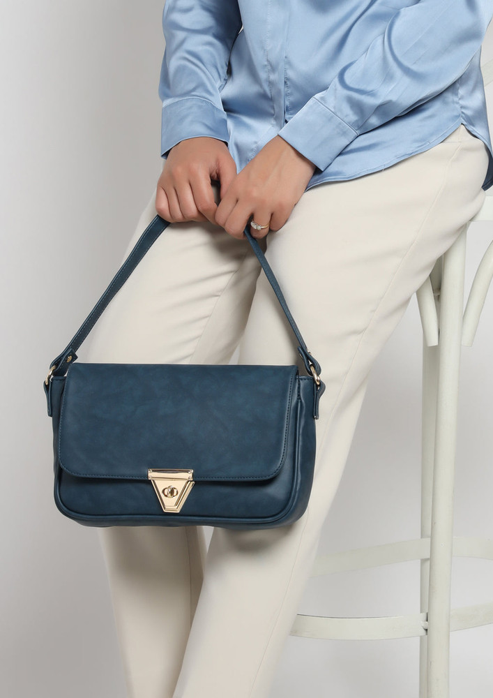 Viraasi Teal Blue-Coloured Solid Textured Shoulder Bag