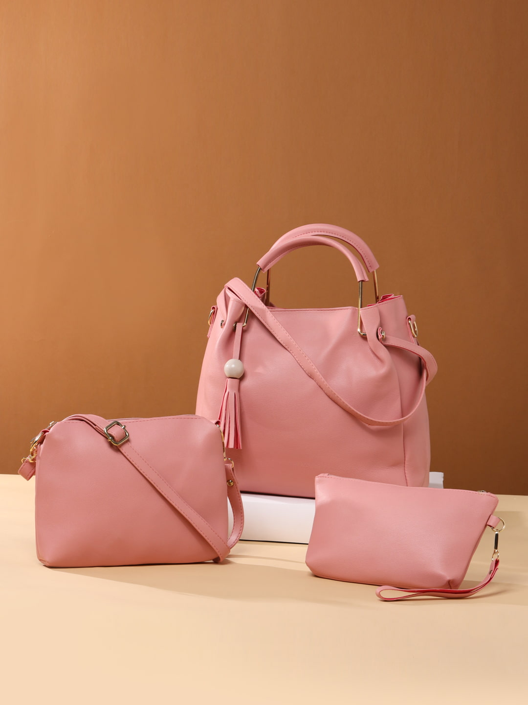 Viraasi Pink Coloured Solid Set Of 3 Handheld Bag