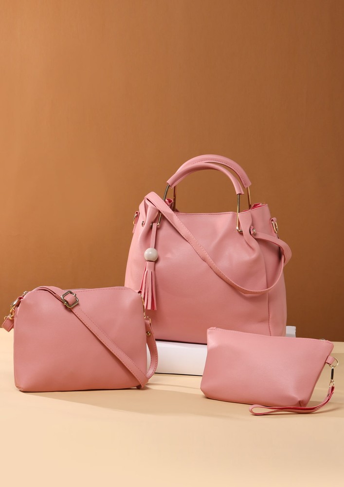 Viraasi Pink Coloured Solid Set Of 3 Handheld Bag