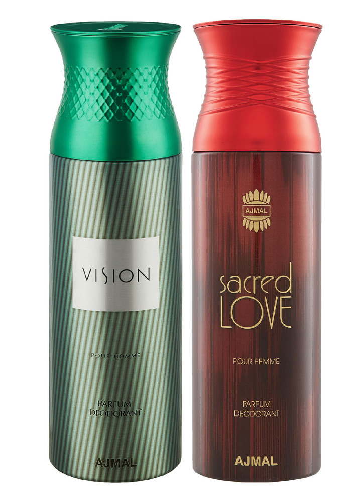 Ajmal Vision Him & Sacred love Deodorant Spray Gift For Men & Women (200 ml, Pack of 2) + 1 Perfume Tester