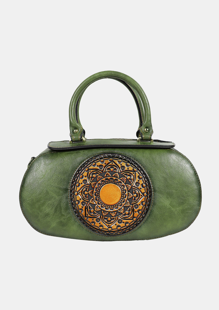 Green  Textured Leather Handheld Bag With Belt