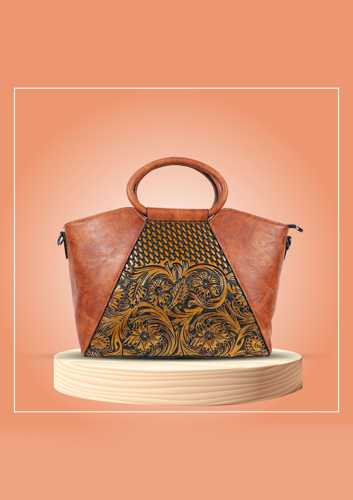 Women'S Brown Printed Pu Structured Handbag