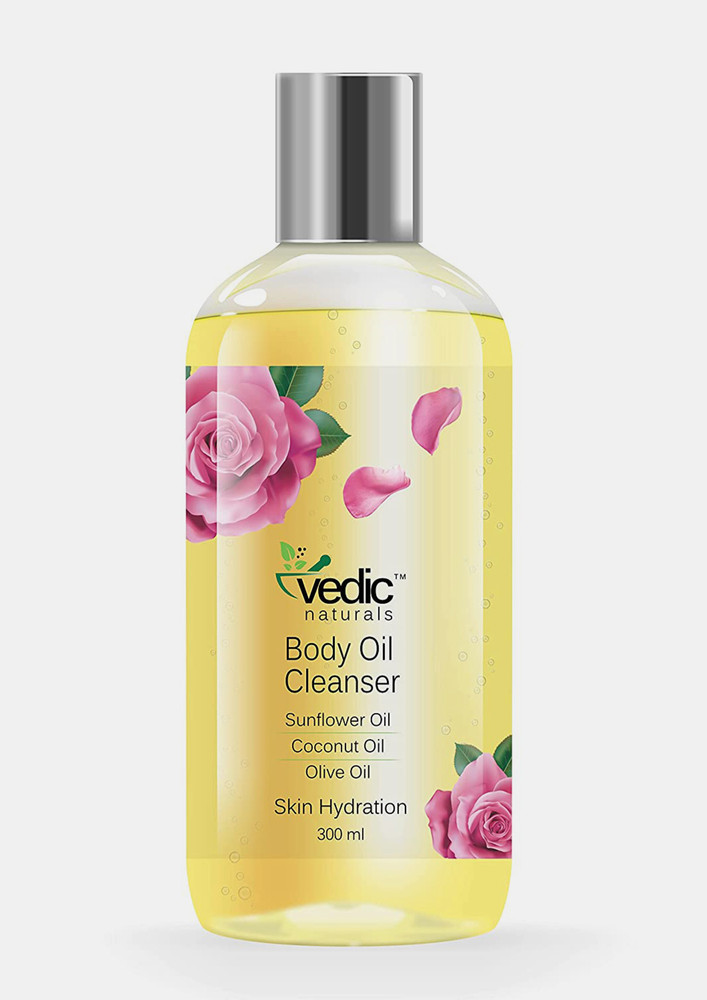 Vedic Naturals 80% Oil Based Natural & 100% Organic Body Oil Cleanser Shower Oil (Body Wash) - Skin Hydration, Soft & Smooth Skin With Sunflower Oil, Coconut Oil, Olive Oil, Almond Oil -300ml