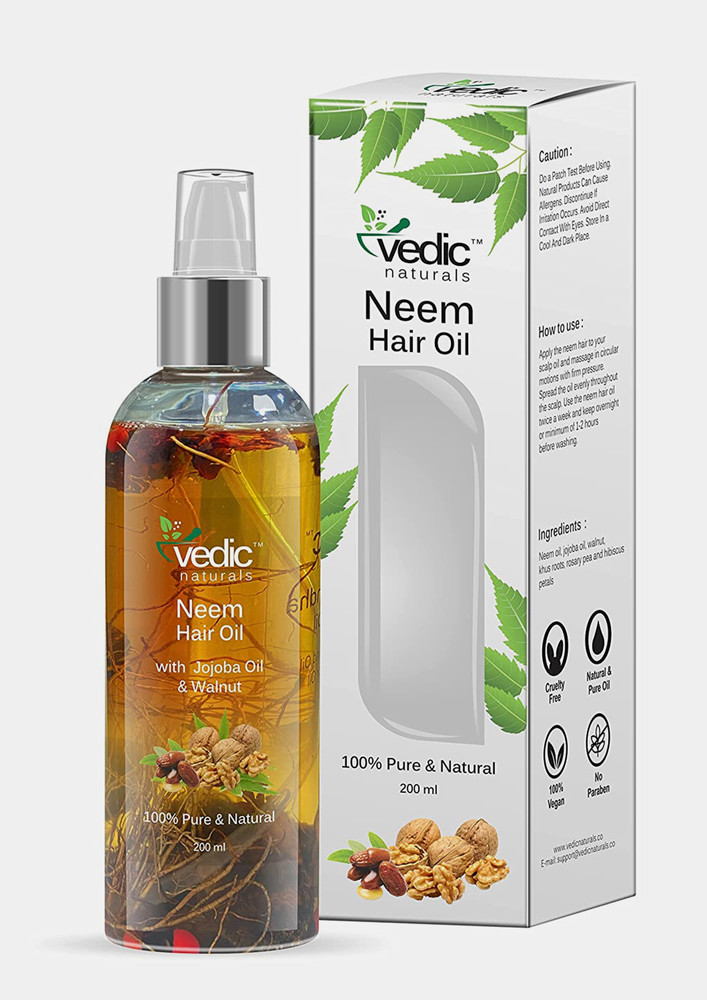 Vedic Naturals Neem Oil With Jojoba Oil & Walnut Oil - 200ml | 100% Natural & Visible Goodness of Herbs & Jadibuti | Hair Care & Skin Care