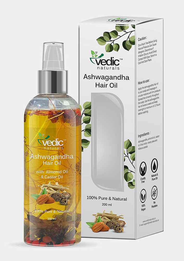 Vedic Naturals Ashwagandha Oil With Almond Oil & Castor Oil - 200ml | 100% Natural & Visible Goodness of Herbs & Jadibuti | Hair Care & Skin Care