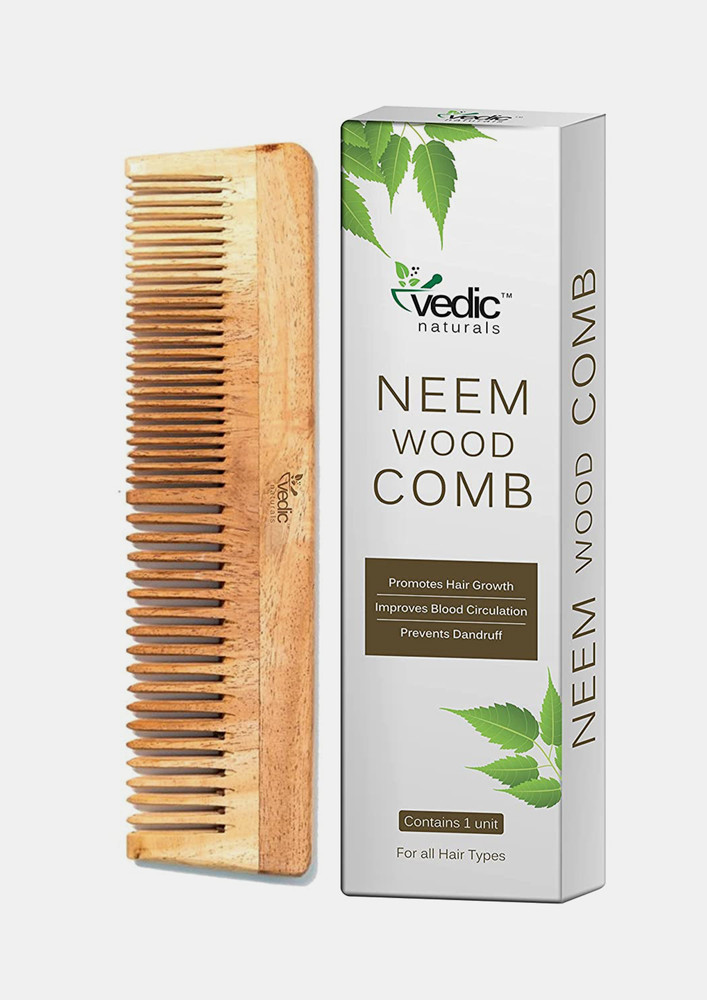 Vedic Naturals 100% Pure & Natural Neem Wood Comb | Promotes Hair Growth, Reduces Hair Fall & Control Dandruff | Wide & Thin Teeth