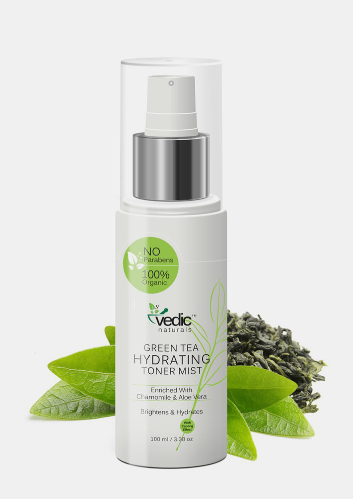 Vedic Naturals Green Tea Hydrating Toner Mist - 100ml | Deep Pore Cleansing & Brightens Skin | Enriched With Chamomile & Aloe Vera | Cooling Effect | 100% Organic & No Alcohol | For All Skin Type