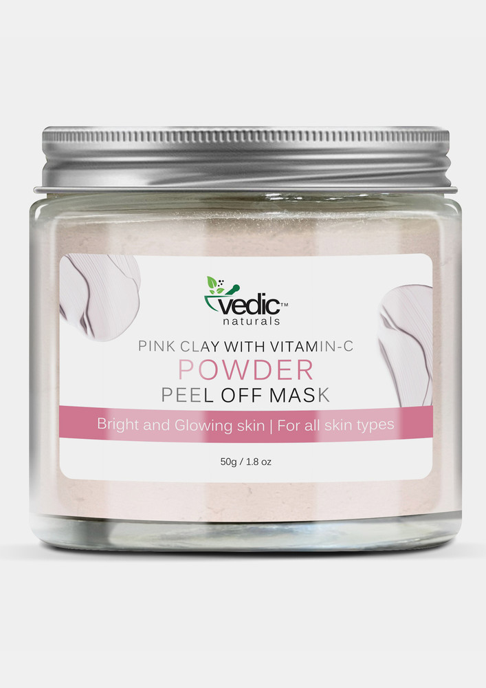 Vedic Naturals Pink Clay With Vitamin-C Powder Peel Off Mask - 50g | Bright And Glowing Skin | For All Skin Types | 100% Organic
