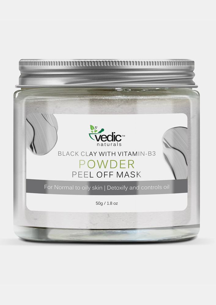 Vedic Naturals Black Clay With Vitamin-B3 Powder Peel Off Mask - 50g | Detoxify And Controls Oil | For Oily Skin | 100% Organic