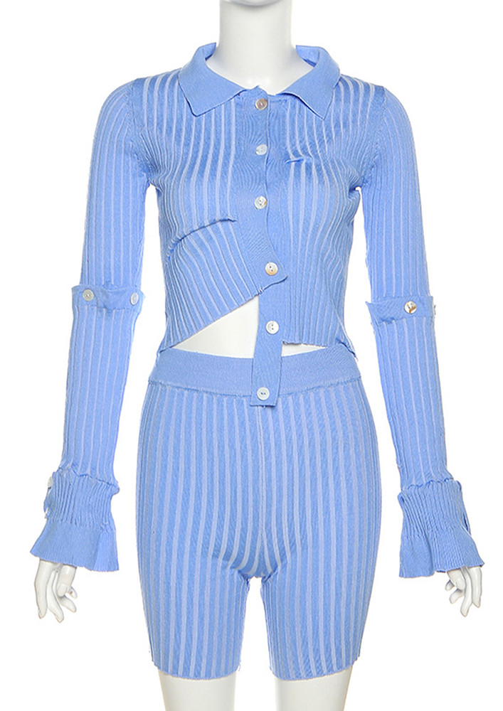 KNITTED BLUE BUTTONED TOP & SHORTS SET