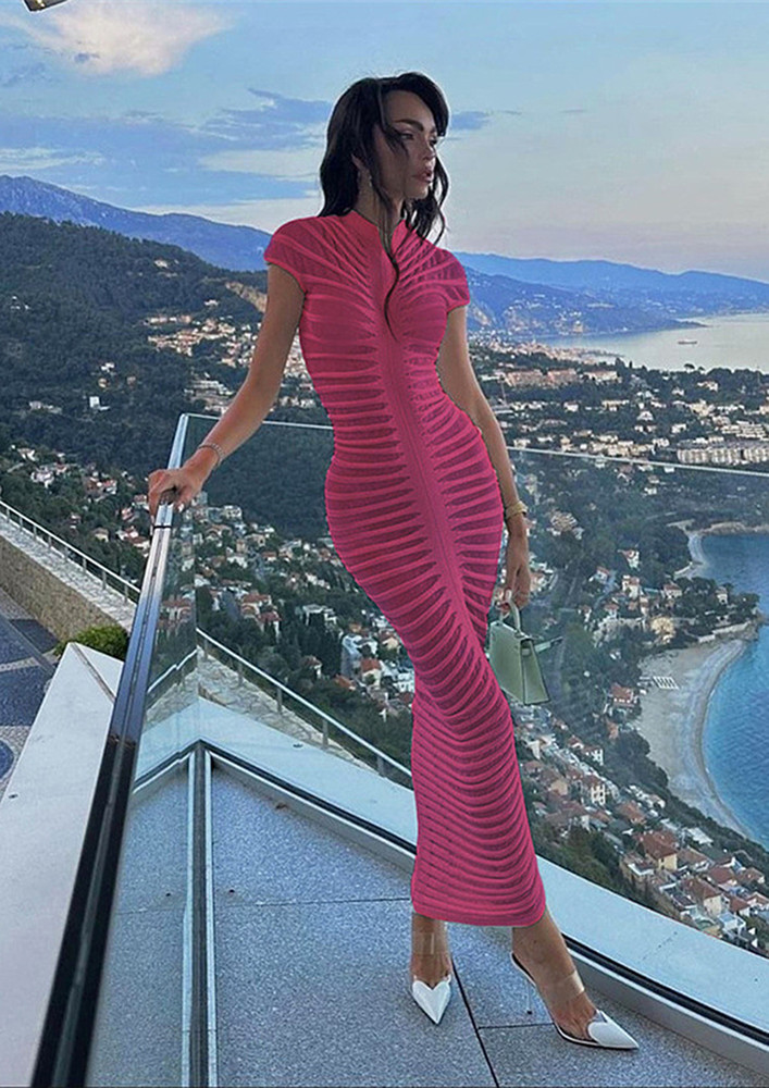 KNITTED PINK MAXI STRIPED BODYCON DRESS