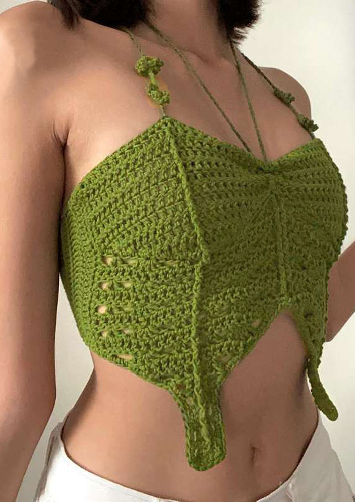 Green Halter Neck Backless Crochet Top