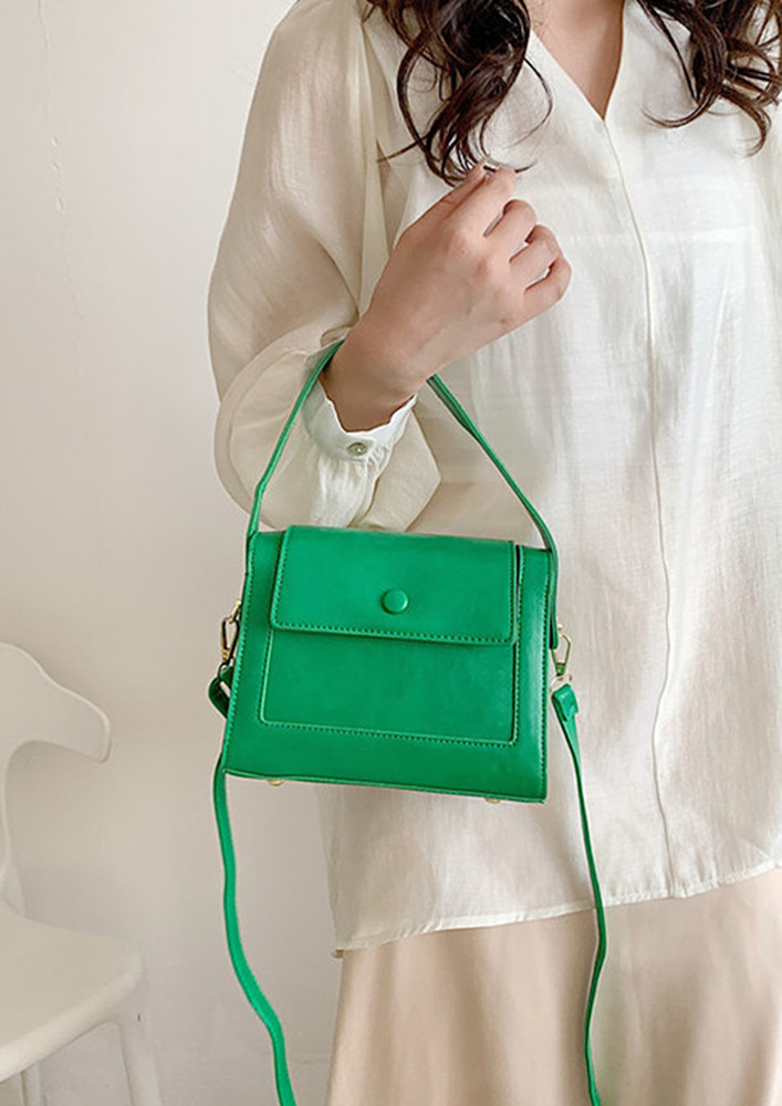 GREEN PU LEATHER FLAP-FRONT SLING BAG