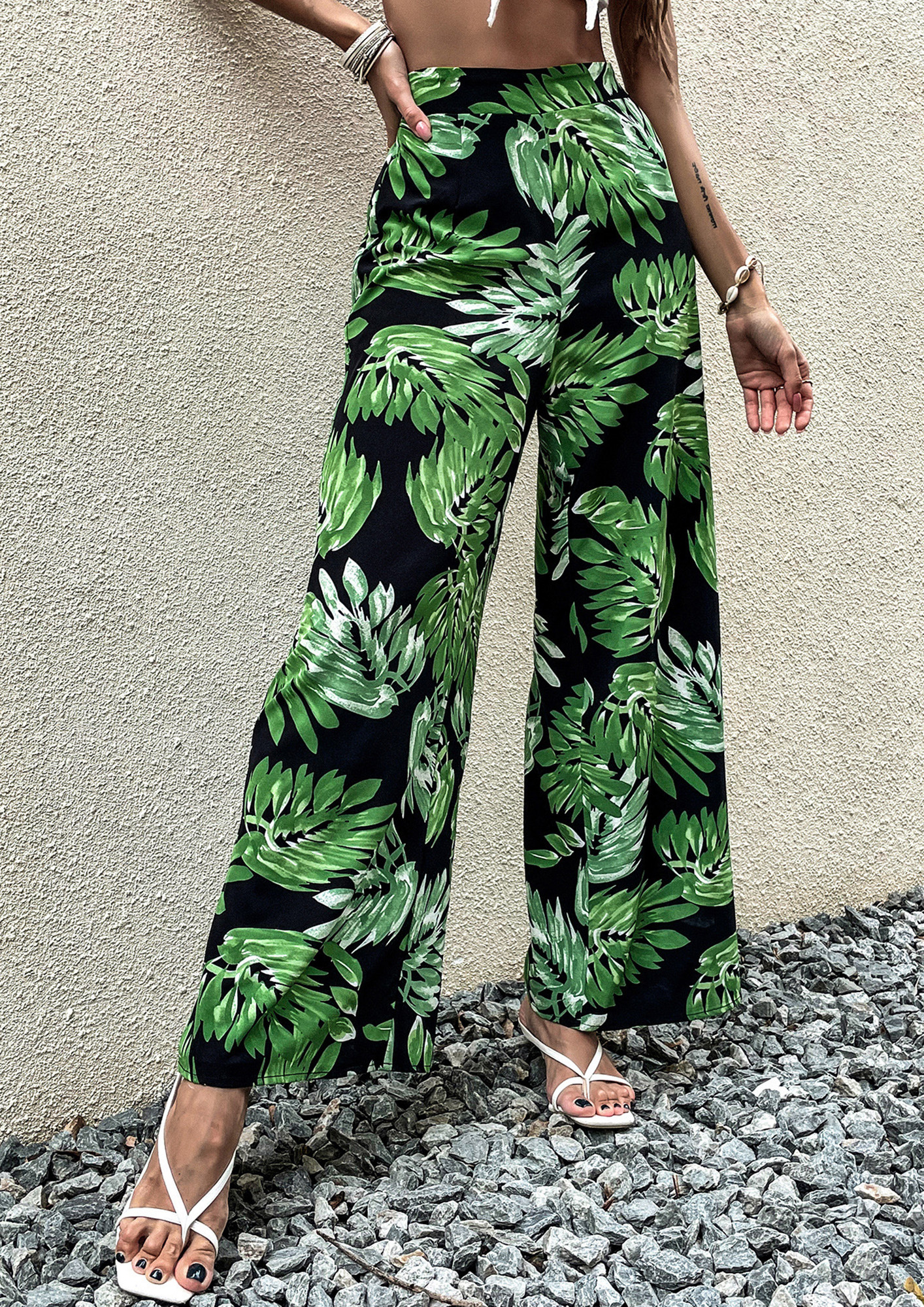 Sage Green Tropical Palm Print Trousers  Women from Yumi UK