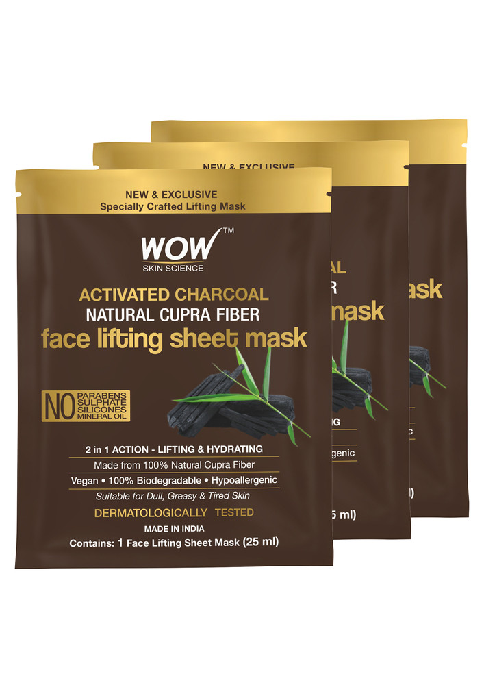 Wow Skin Science Activated Charcoal Natural Cupra Fiber Face Lifting Sheet Mask - For Skin Purification And Skin Hydration - 25ml - Pack Of 3