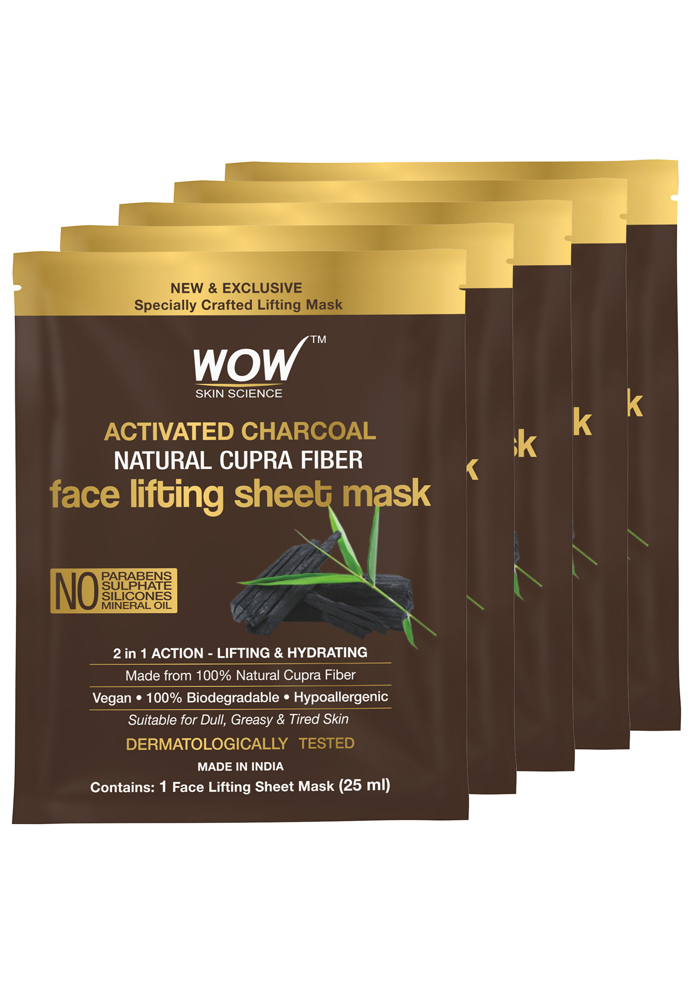 WOW Skin Science Activated Charcoal Natural Cupra Fiber Face Lifting Sheet Mask - For Skin Purification and Skin Hydration - 25ml - Pack of 5