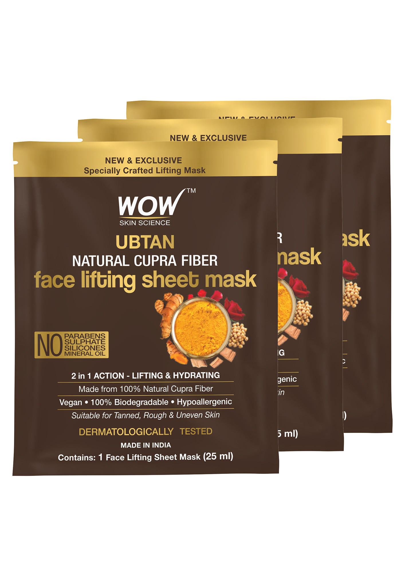 WOW Skin Science Ubtan Natural Fiber Cupra Face Lifting Sheet Mask - For Tan Removal & Anti-Aging - 25 Ml - Pack of 3