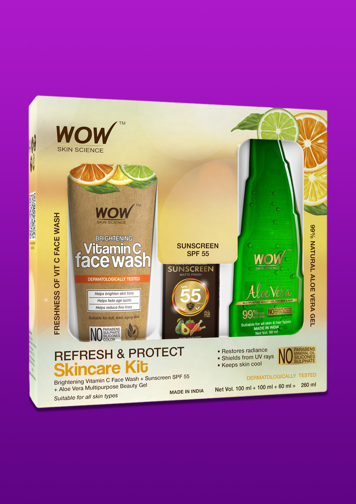 Wow Skin Science Summer Skin Care Face Kit - Consists Of 99% Pure Aloe Vera Gel, Sunscreen Lotion Spf-55 Pa+++ & Vitamin C Face Wash Paper Tube - Net Vol. 260ml