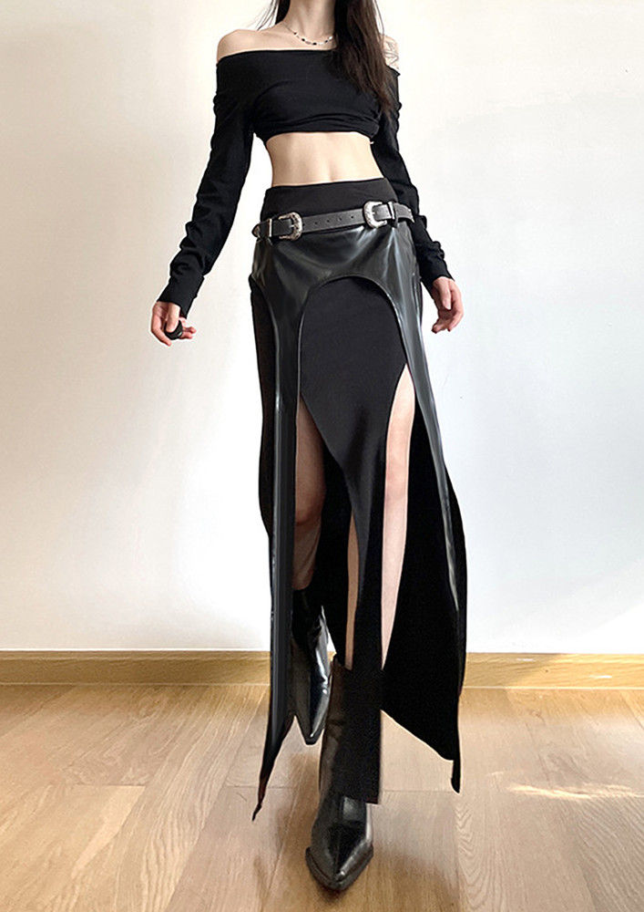 Irregular Hem Black Long Skirt W/ Belt