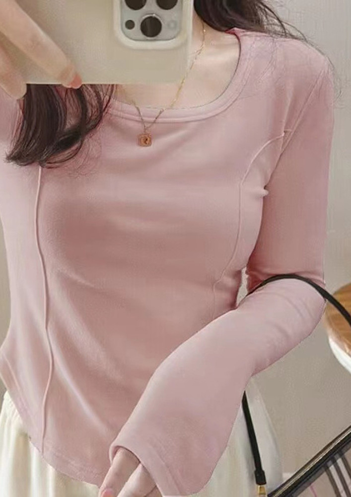PINK SLIM CURVED HEM KNITTED TOP